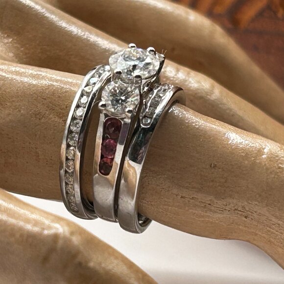 NEW Set of 3! Moissanite, Ouro Fino Rubellite 2.35 ctw Stackable Rings. Sterling - Picture 4 of 5